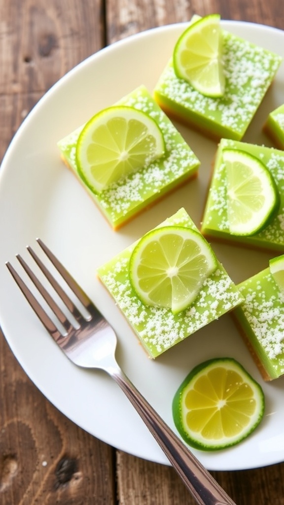 Key lime bars with shortbread crust, garnished with lime slices and powdered sugar on a wooden table.